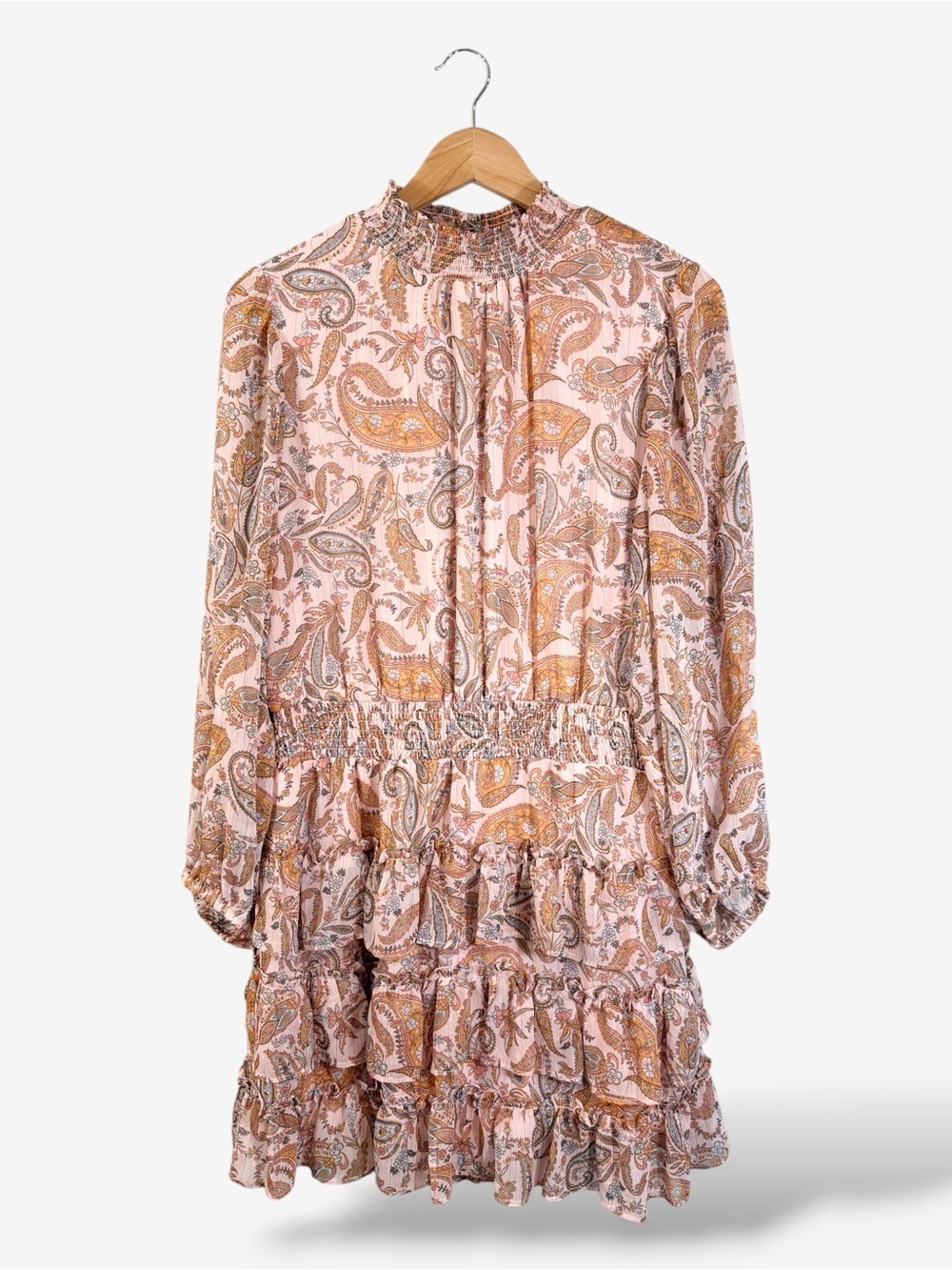 Halogen Pink Long Sleeve Dress XL Chiffon Sheer Ruffle Tiered Paisley Print
